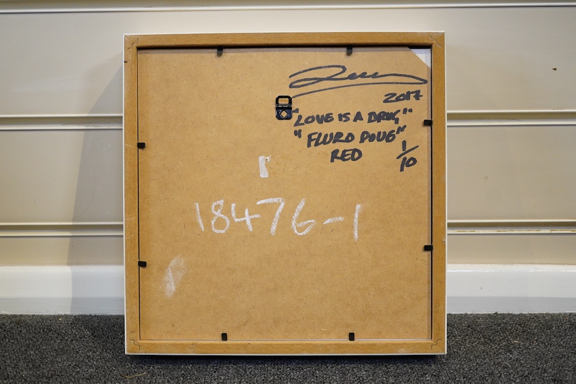 Dean 'Zeus' Colman (b. 1968) 'Love is a Drug', signed and dated 2017 verso, limited edition 1/10, tondo plaque, 17cm in diameter